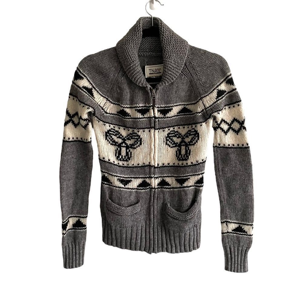 ARITZIA Tna Sea to Sky Wool Full Zip Front Cardigan Sweater Gray Cream S